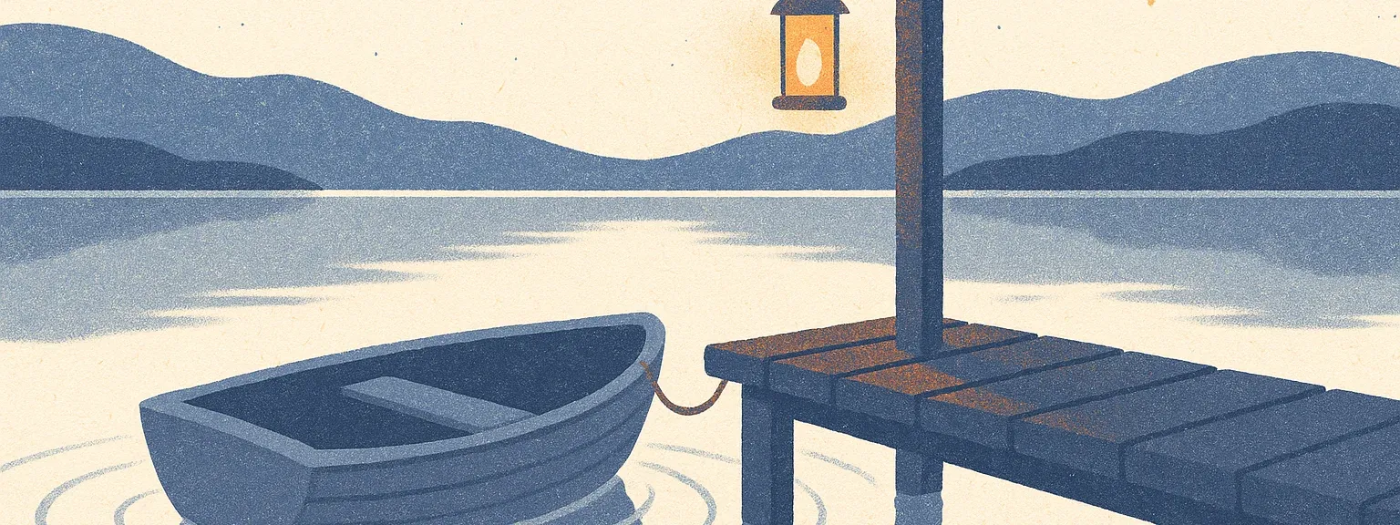 Sleep — empty rowboat tied at a dock on a still lake