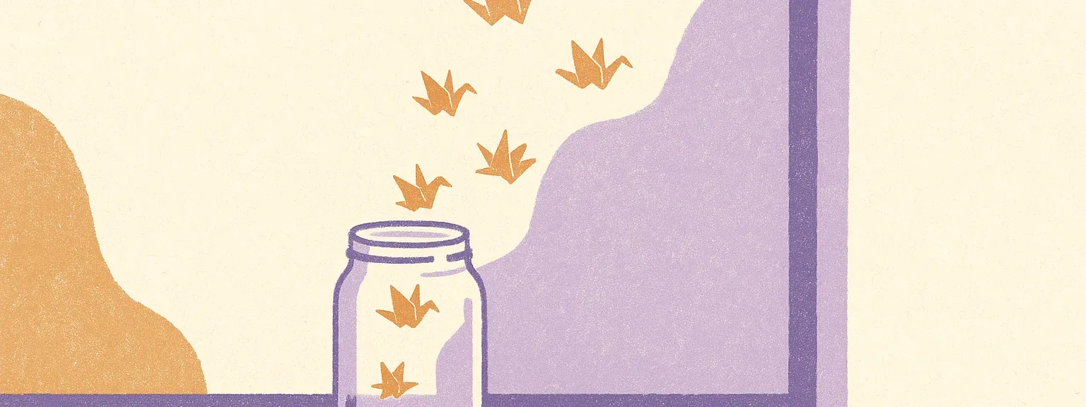 Thoughts — glass jar releasing paper origami cranes
